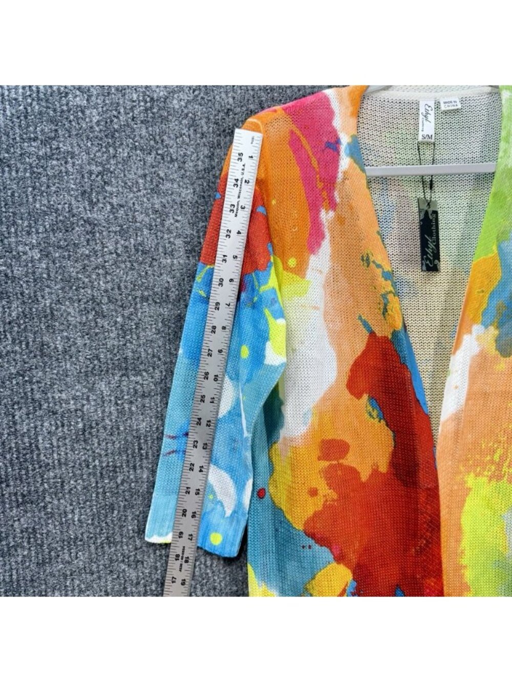 Ethyl Paint Splatter Cardigan Women’s S/M Multicolor Open Front Knit 3/4 Sleeve - Picture 7 of 10